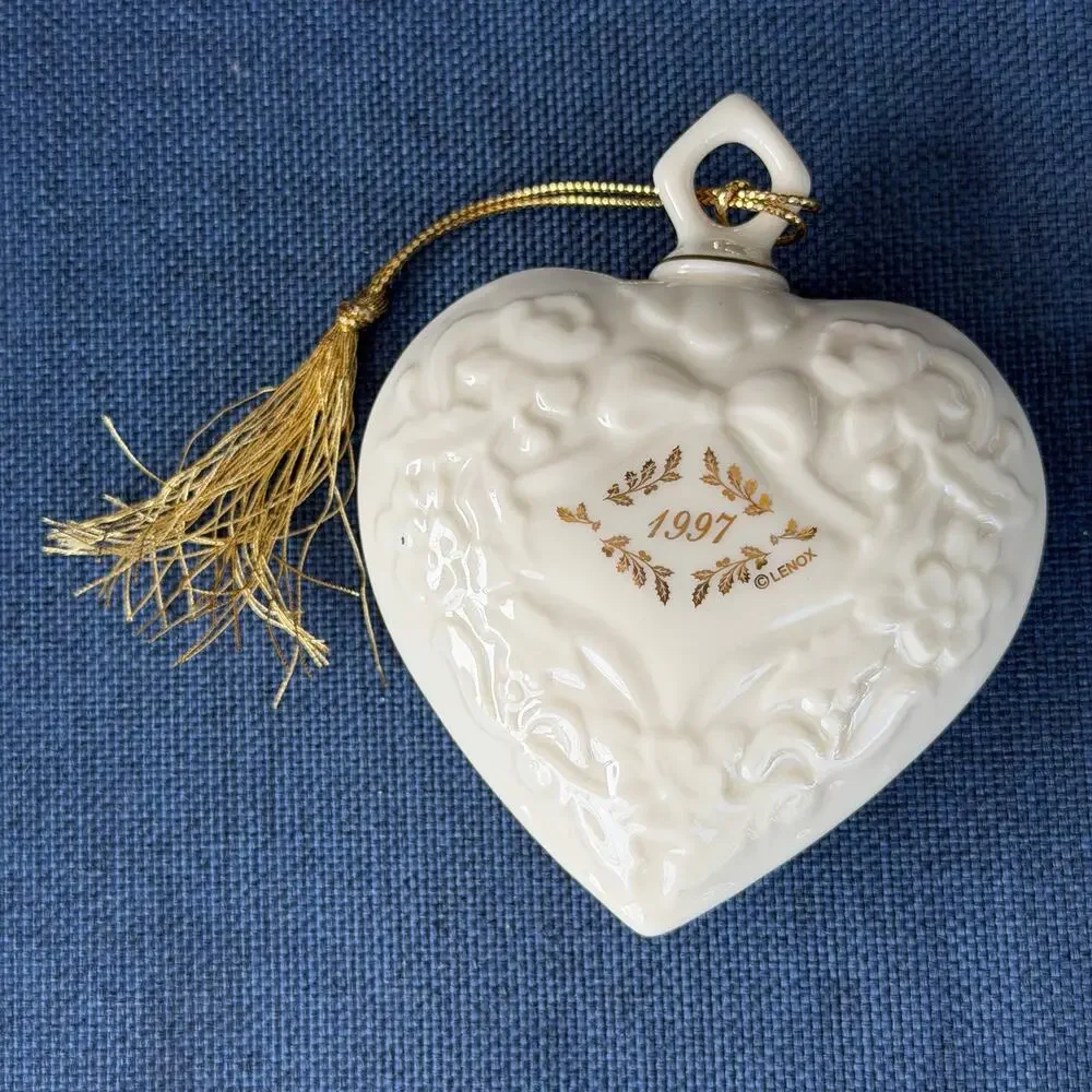 Lenox 1997 Annual Christmas Ornament Porcelain Heart Embossed Gold Tassel Puffy